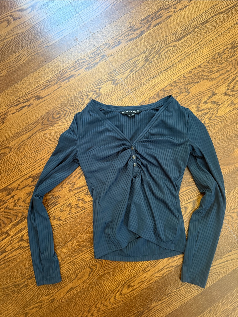 Veronica Beard Black Ribbed Twist-Front Long Sleeve Top